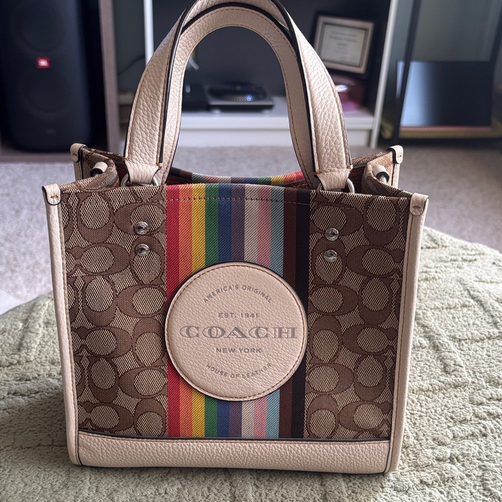 Coach Brown Tote with Rainbow Stripes